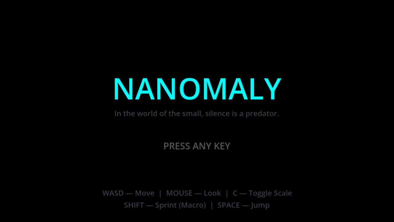 Écran-titre de Nanomaly : « In the world of the small, silence is a predator »