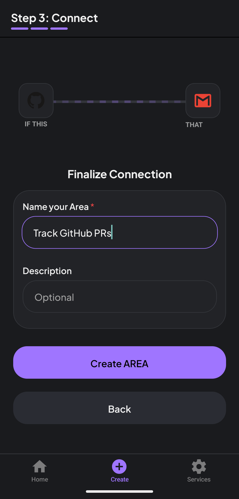Interface de l’application mobile AREA
